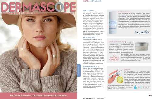 Michele Corley Featured In Dermascope January 2018 Edition Magazine Cover & Article Page