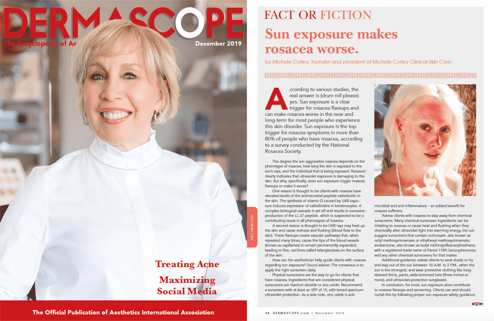 Dermascope magazine cover and Fact or Fiction: Sun exposure makes rosacea worse article page