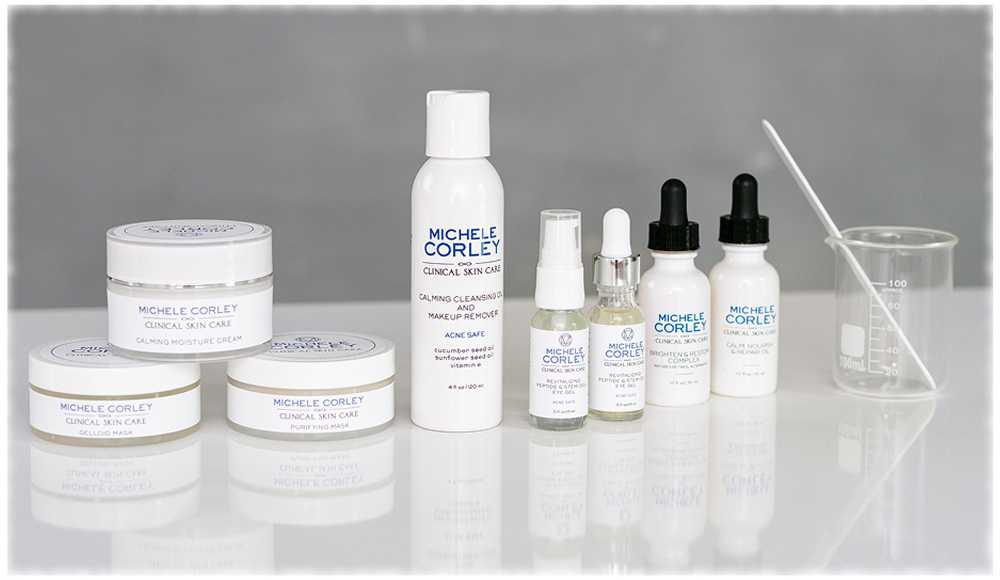Contact Michele Corley Clinical Skin Care Bright red flowers and spa rocks in water.