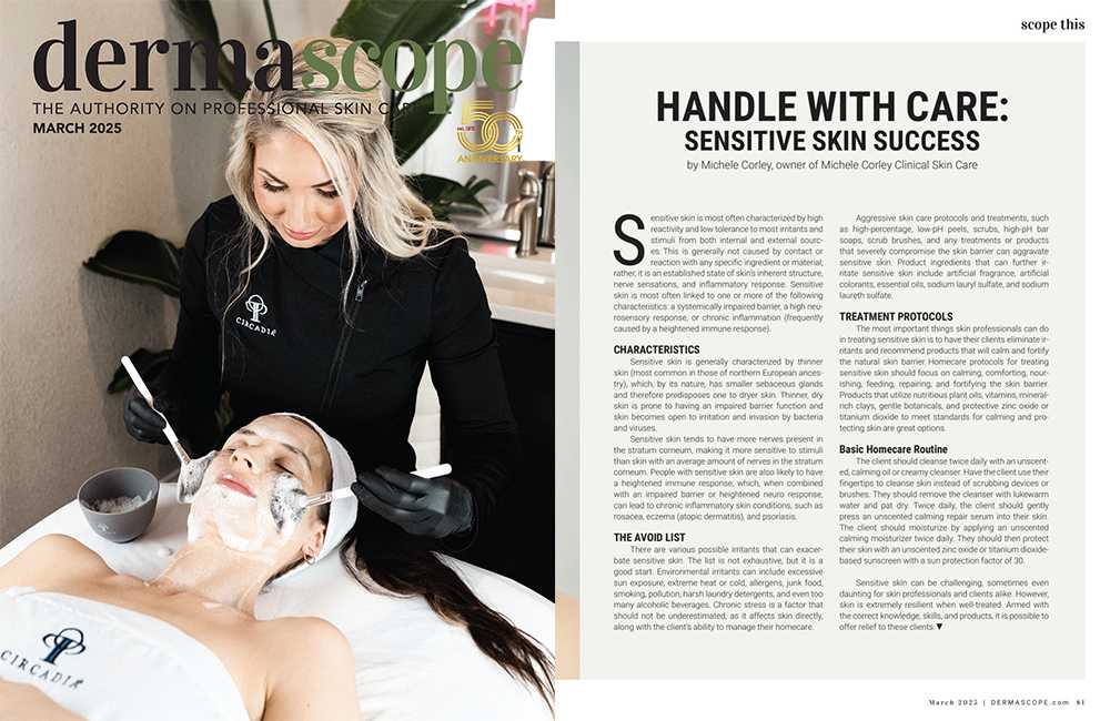 Dermascope magazine cover and Handle With Care: Sensitive Skin Success article page