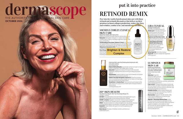 Brighten & Restore Complex featured in the October 2026 issue of DERMASCOPE magazine.