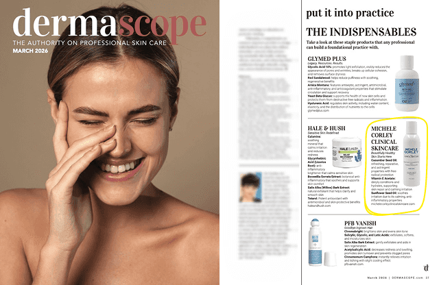 Calming Cleansing Oil & Makeup Remover featured in the March 2026 issue of DERMASCOPE magazine.