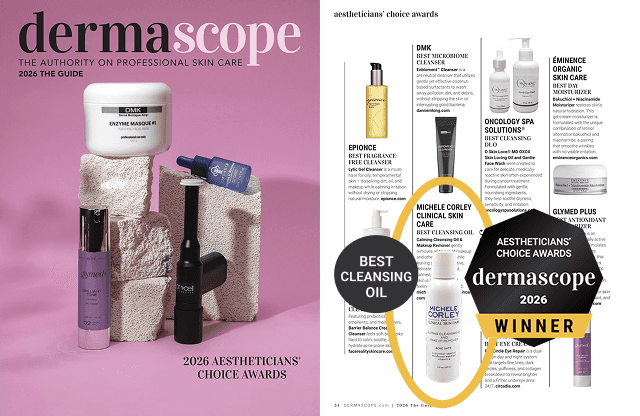 Calming Cleansing Oil & Makeup Remover featured in the April 2026 issue of DERMASCOPE magazine.