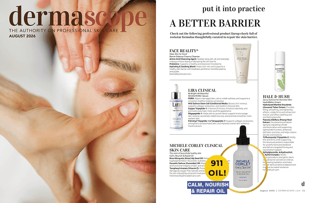Calm, Nourish & Repair Oil featured in the August 2026 issue of DERMASCOPE magazine.